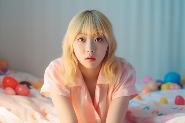 Asian girl with blonde hair and a pink shirt