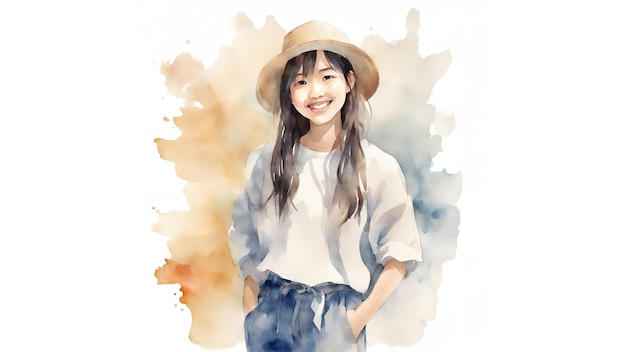 Asian Girl With Hat Watercolor