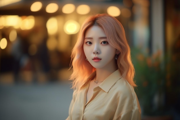 Asian girl with orange hair stands in front of a blurred background with lights