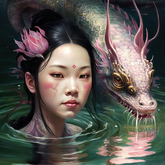 Asian girl with Pink Dragon Spirit guardian swimming