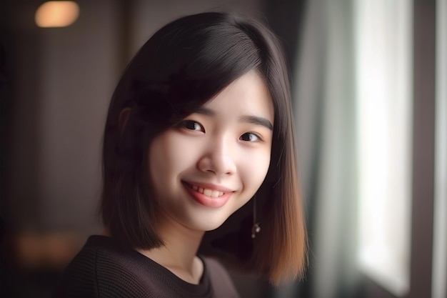 An Asian girl with short hair smiles in front of a window