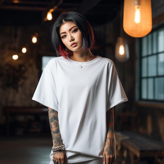 an asian girl with tattoos wearing a white oversized tshirt