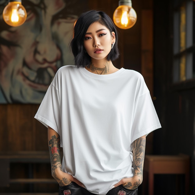 an asian girl with tattoos wearing a white oversized tshirt