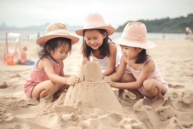 Asian girls sisters or friends building sand castle on the beach Generative AI illustration