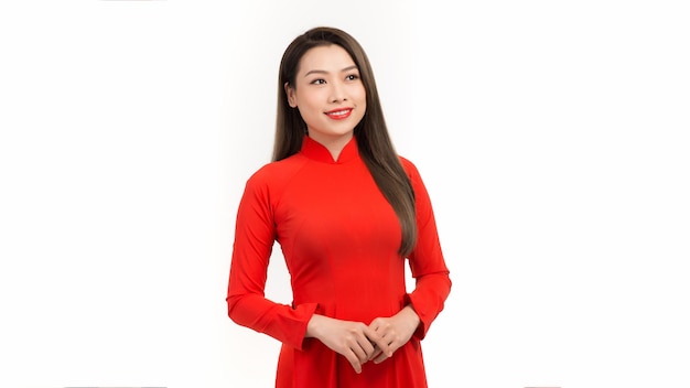 Asian girls with Ao Dai Vietnam traditional dress on white background