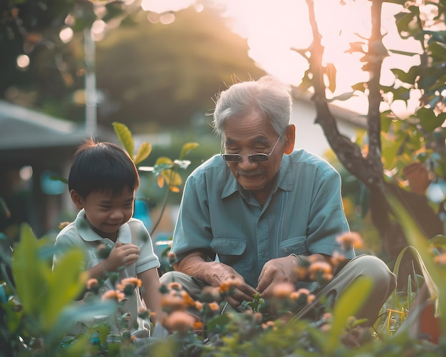 Asian grandfather happy play with boy