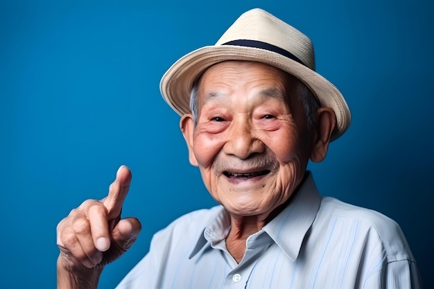 Asian grandfather looking and smiling with rised index finger on blue background neural network generated art