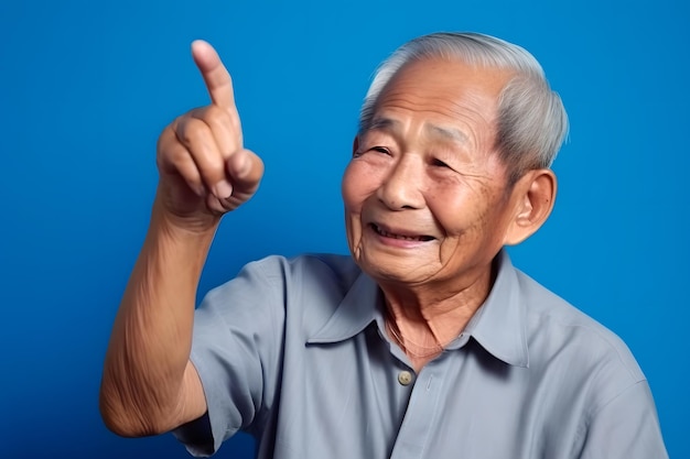 Asian grandfather looking and smiling with rised index finger on blue background neural network generated art