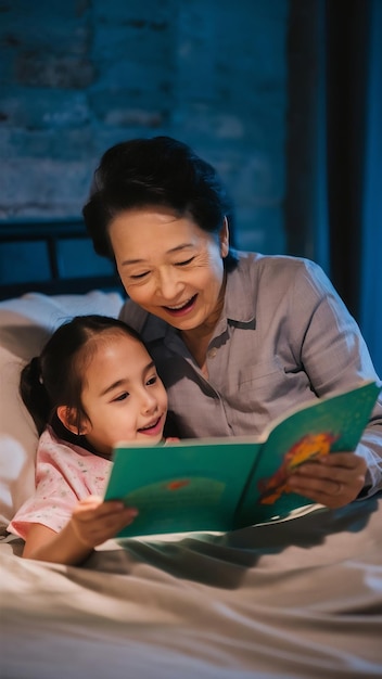 Asian grandmother read fairy tales to granddaughter at home