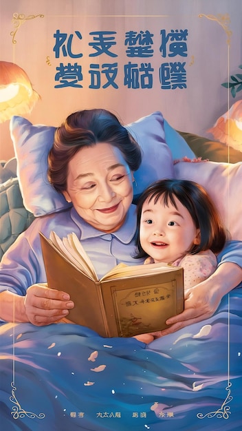 Asian grandmother read fairy tales to granddaughter at home