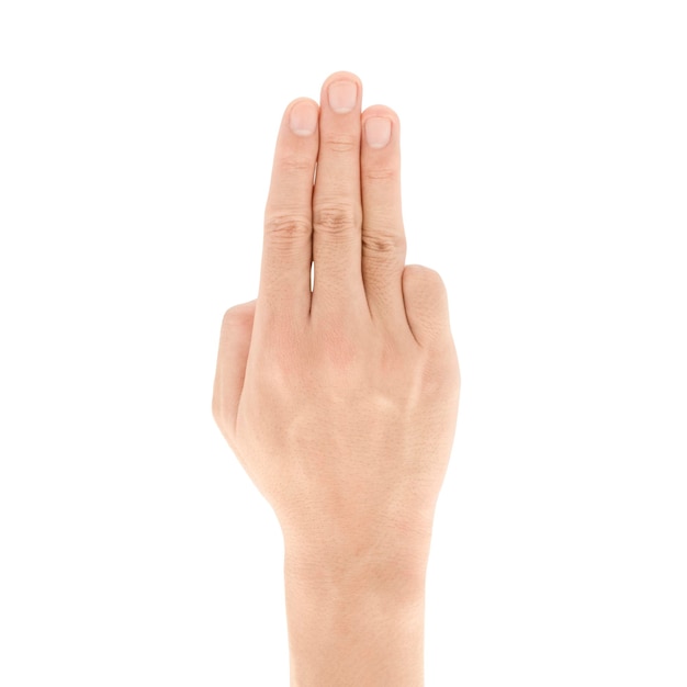 Asian hand with Three fingers up gesture isolated on white background, Clipping path Included.