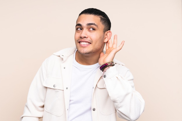 Asian handsome man over isolated background listening to something by putting hand on the ear