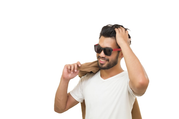 Asian handsome man with a mustache, smiling and laughing and Set hair ,soft focus