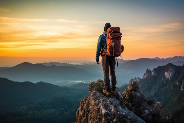 Asian hikers with backpacks resting on the top of the mountain and enjoying the valley view during sunrise