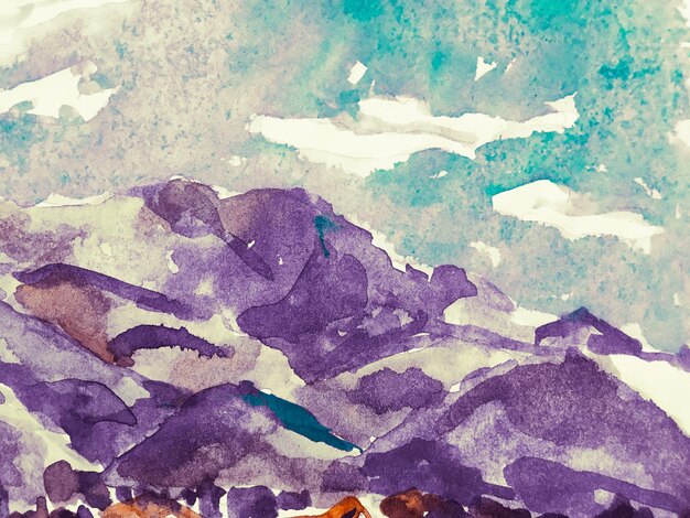 Asian Hiking Rocky Background. Mountain Illustration. Stylized Japanese Watercolor Mountains. Contemporary Geometric Sketch. Fun Himalayas. Watercolour Korea Print. Violet Purple