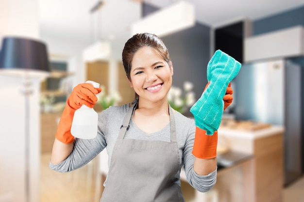 Asian housewife holding spray bottle and rag