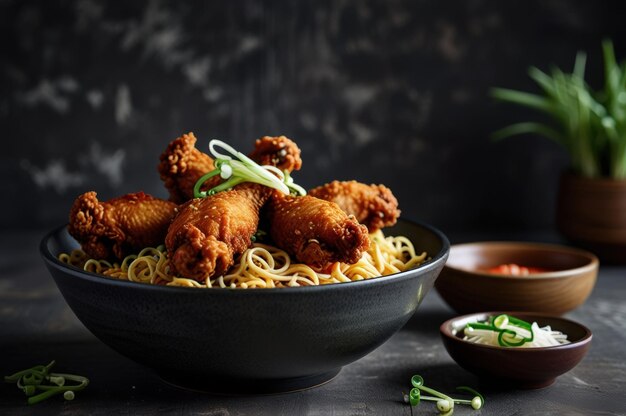 Asian Inspired Dish of Fried Chicken and Noodles Generative Ai Image