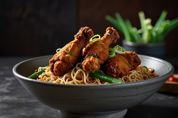 Asian Inspired Dish of Fried Chicken and Noodles Generative Ai Image