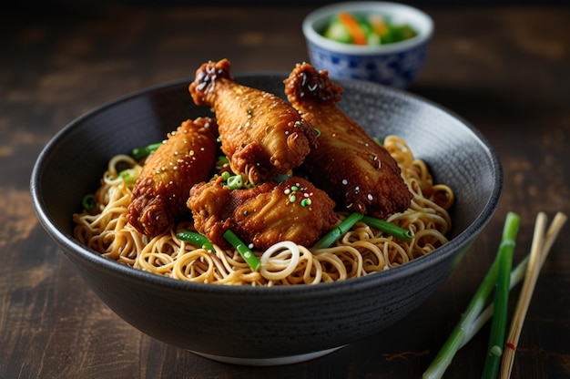 Asian Inspired Dish of Fried Chicken and Noodles Generative Ai Image