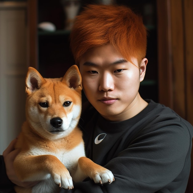 Asian Japanese man with red hair holding Shiba Inu dog portrait closeup owner and pet are similar