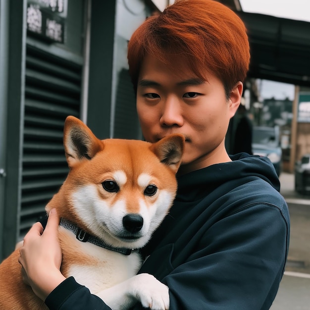 Asian Japanese man with red hair holding Shiba Inu dog portrait owner and pet are similar