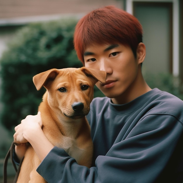 Asian Japanese man with red hair holding Shiba Inu dog portrait owner and pet are similar