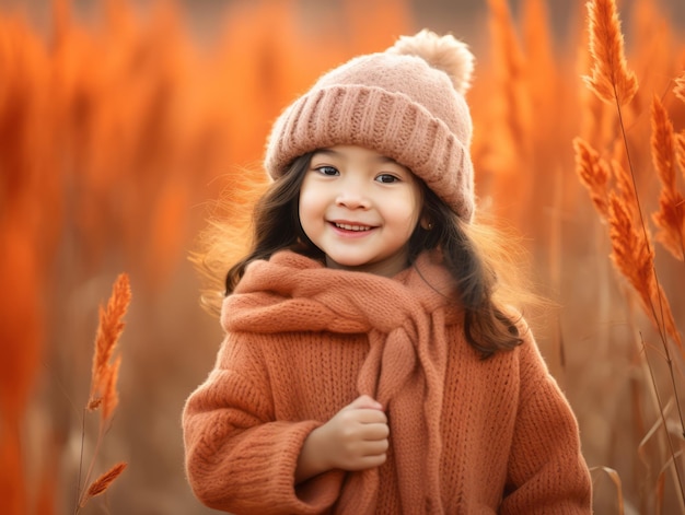 Asian kid in emotional dynamic pose on autumn background