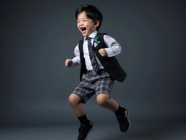 Asian kid in emotional dynamic pose in school