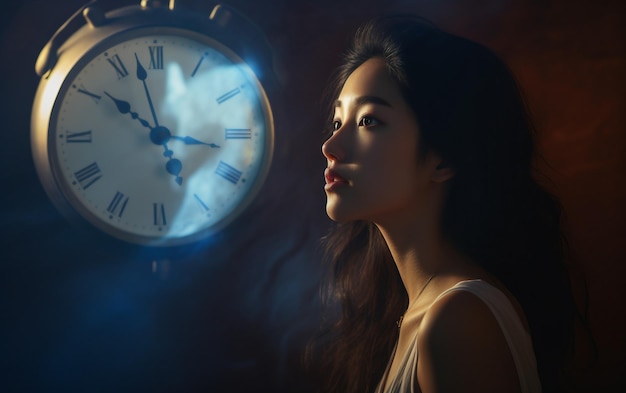 Asian Lady in Time Watch Bright Light Minimalist isolated on a transparent background