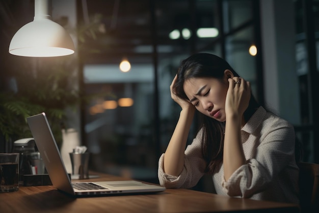 Asian lady with big migraine and headache in the office in front of her laptop