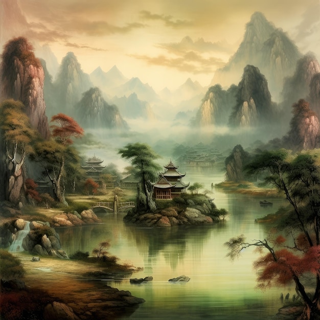 Asian landscape with lake Generate Ai