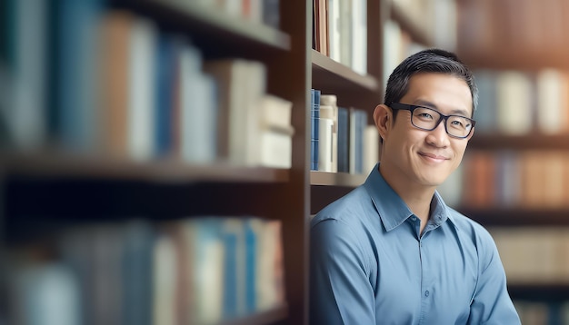 Asian librarian on bookshelves background