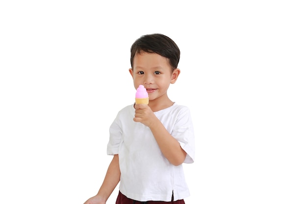 Asian little baby boy holding ice cream toy on white background