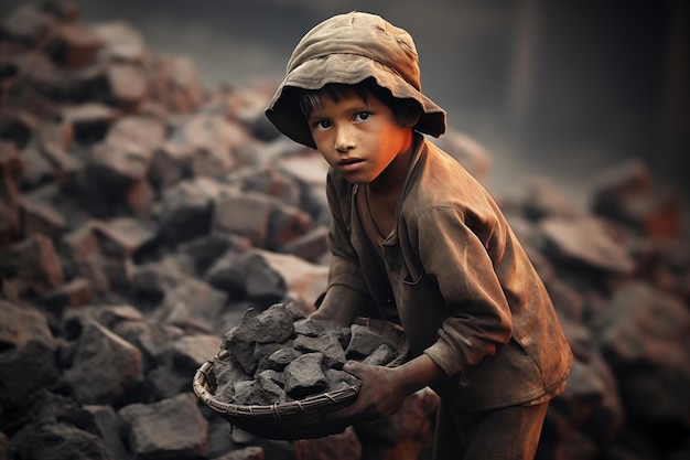 Asian little boy holding a basket full of coal in the mine Child labor