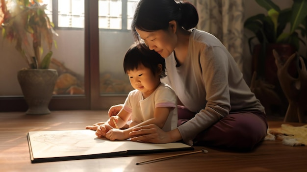 Asian little girl and mother sitting on the floor and drawing Generative ai art