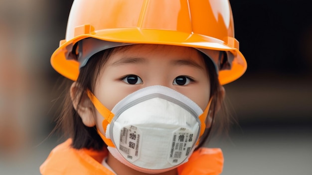 asian little girl wearing respirator mask