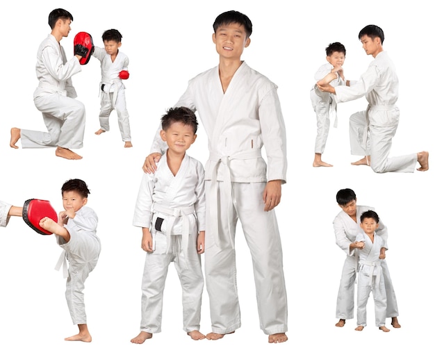 Asian Little Karate Boy and hid Teacher in White Kimono, set of photos