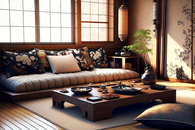 Asian low sofa in japanese living room with dark wood decoration and table