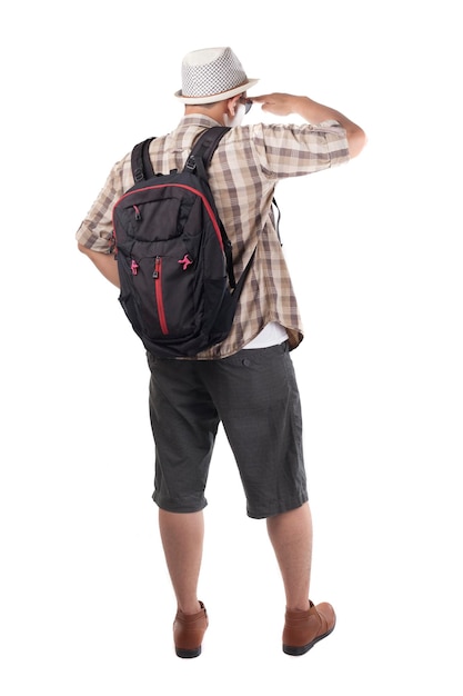 Asian male backpacker traveler tourist isolated on white Full body portrait Rear view