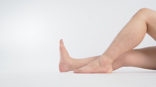 Asian Male barefoot is isolated on white background.