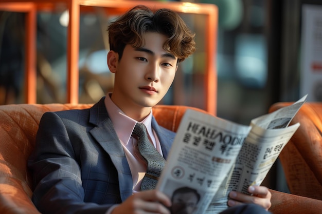 Asian male businessman sitting and reading a newspaper in a cafe