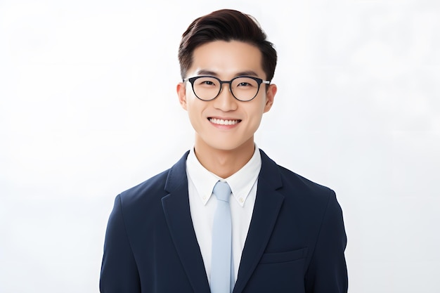 asian male customer service in glasses smiling and holding digital tablet isolated on white