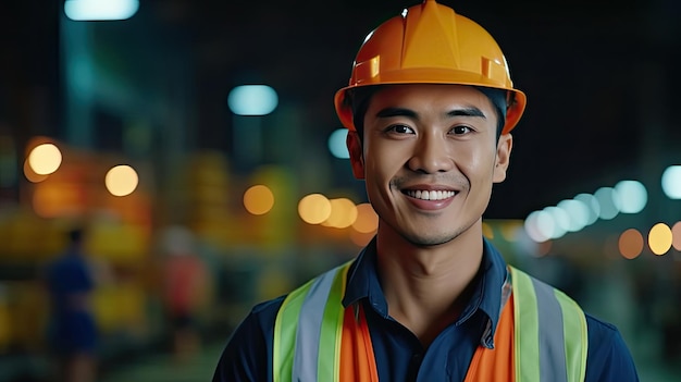 Asian Male Engineer in Safety Vest and Hardhat Professional Asian Man Working in the Modern Manufacturing Factory Generative Ai