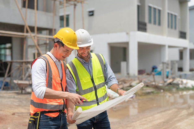 Asian male engineers discuss and look at blueprints in housing estate construction site