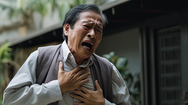 Asian male experiencing heart attack symptoms