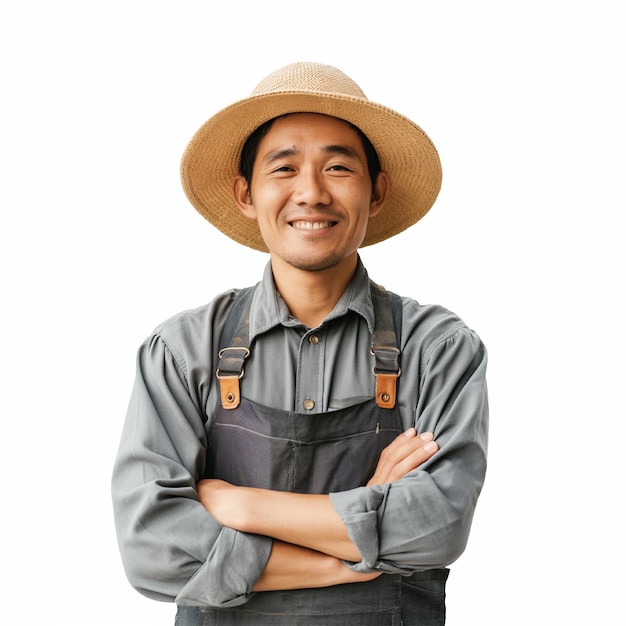 Asian male farmer stands wearing his professional uniform with crossed arms and a smiling face