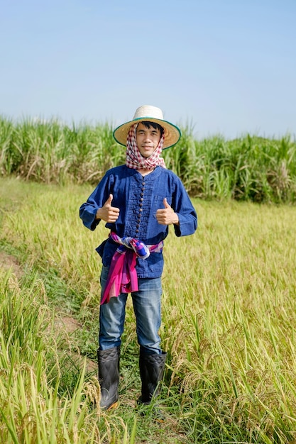 Asian male farmer wearing traditional blue dress standing with thumbs up There was a smiling face at the farm