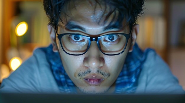 An Asian male hacker using a laptop