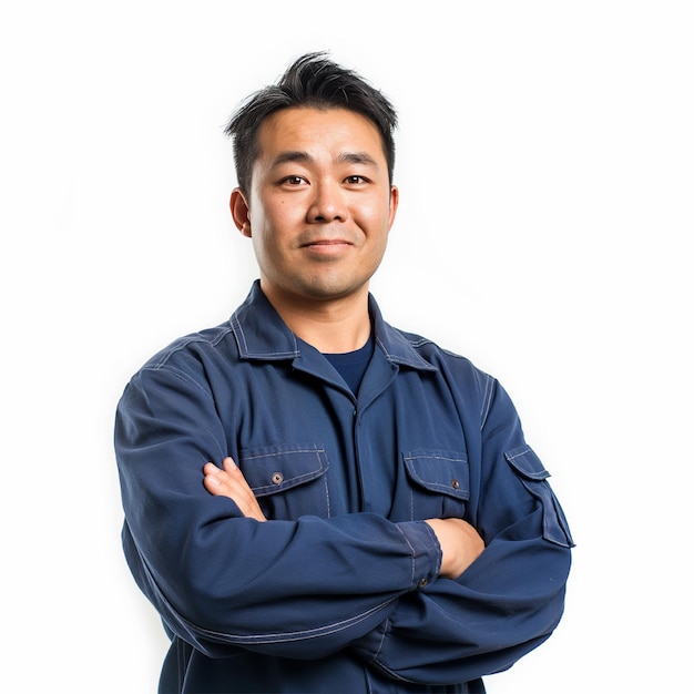 Asian male machinist stands wearing his professional uniform with crossed arms and a smiling face