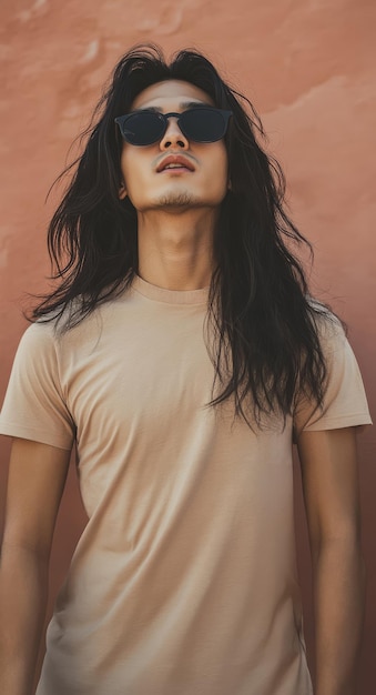 Photo asian male model wearing blank empty tshirt for mockup